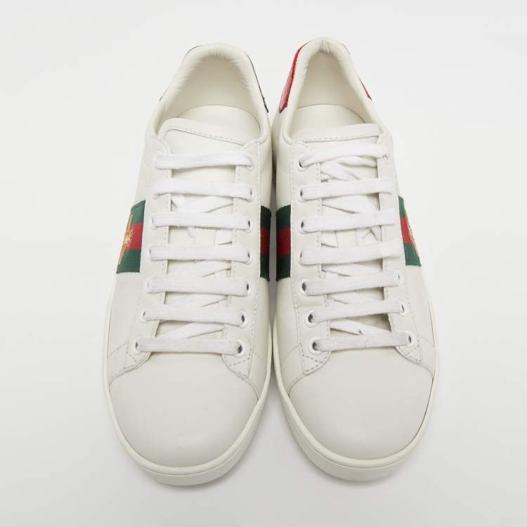 Pre Owned Gucci White Leather Bee Embroidered Ace Sneakers Size 38