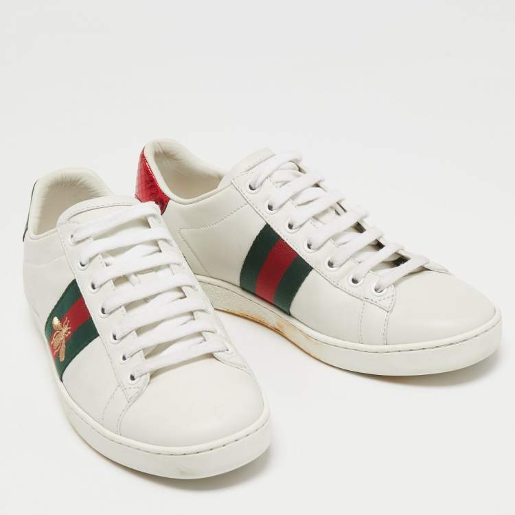 Pre Owned Gucci White Leather Bee Embroidered Ace Sneakers Size 38