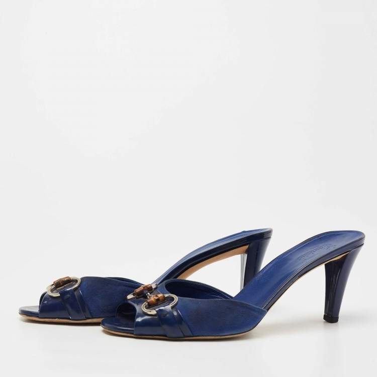 Pre Owned Gucci Blue Suede and Patent  Hollywood Slide Sandals Size 39.5