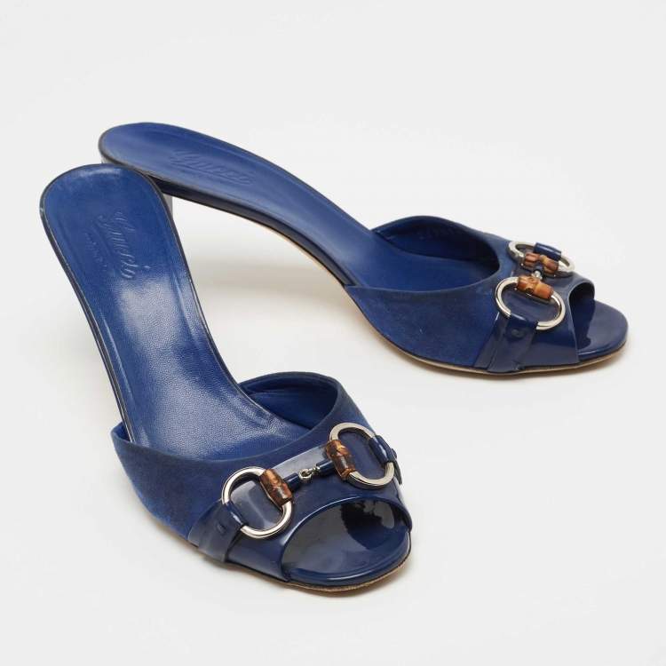 Pre Owned Gucci Blue Suede and Patent  Hollywood Slide Sandals Size 39.5