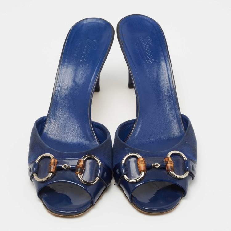 Pre Owned Gucci Blue Suede and Patent  Hollywood Slide Sandals Size 39.5