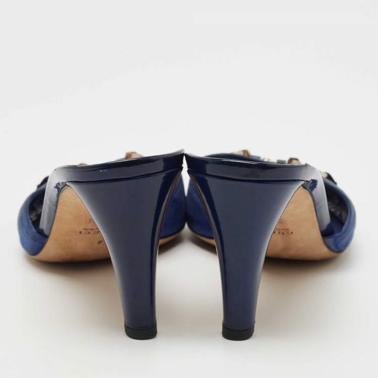 Pre Owned Gucci Blue Suede and Patent  Hollywood Slide Sandals Size 39.5