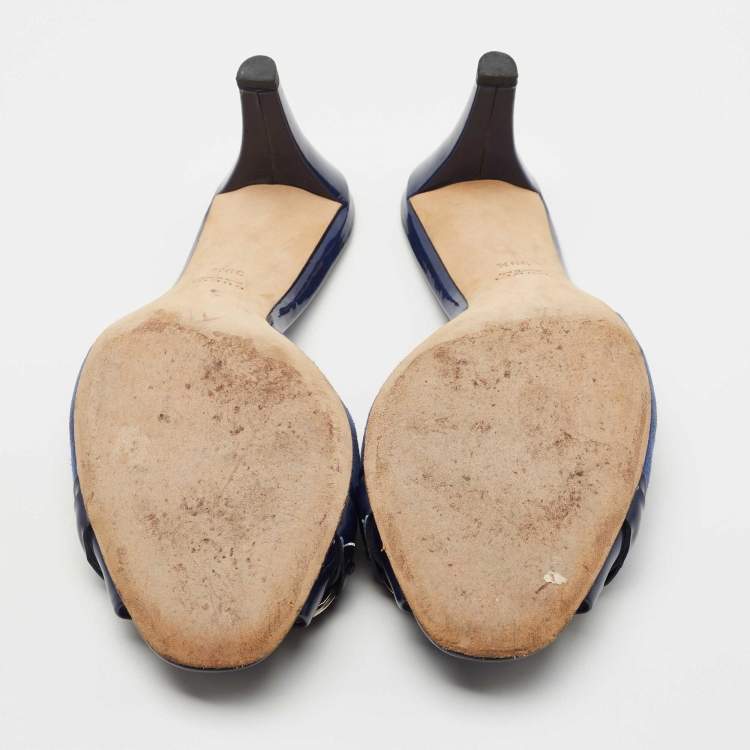Pre Owned Gucci Blue Suede and Patent  Hollywood Slide Sandals Size 39.5
