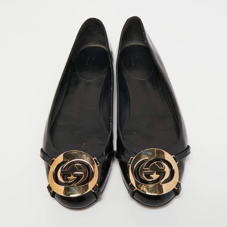 Pre Owned Gucci Black Patent Interlcoking G Ballet Flats Size 38