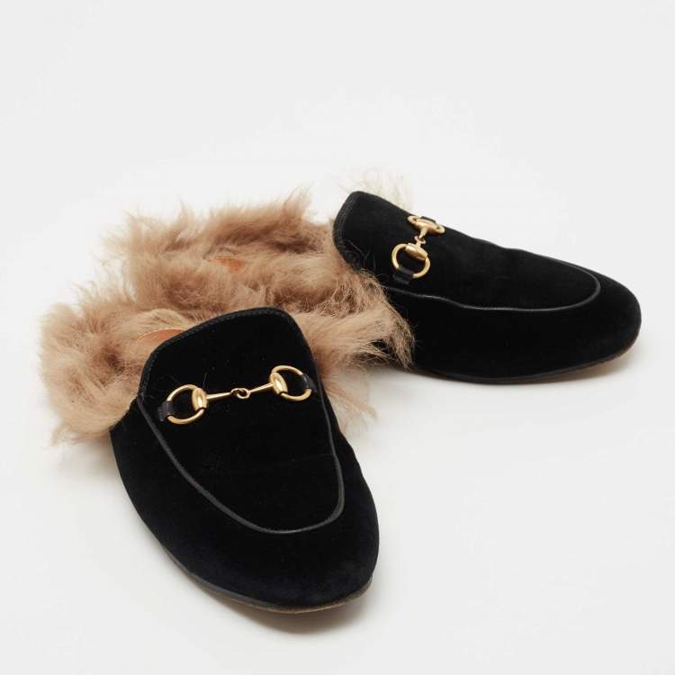 Pre Owned Gucci Black Velvet and Fur Princetown Flat Mules Size 36