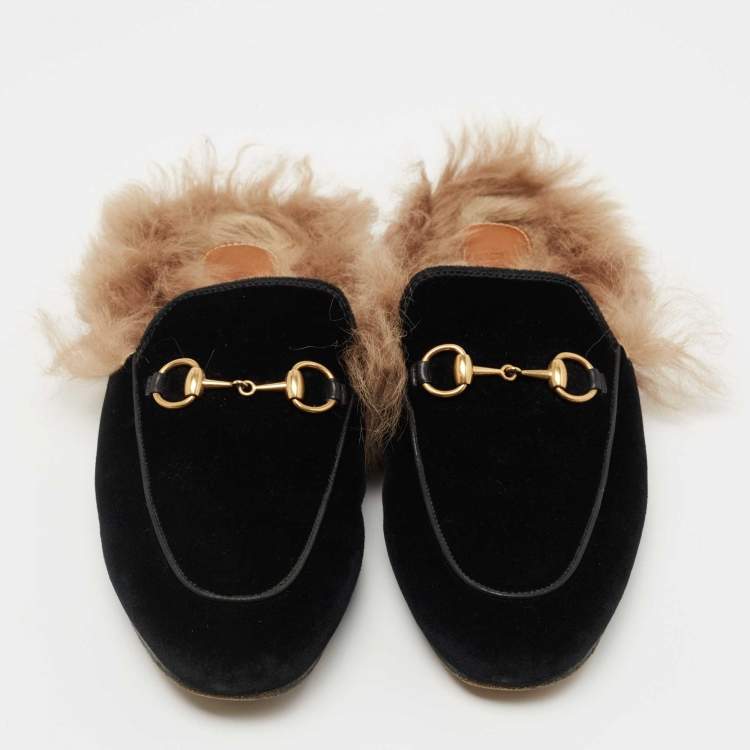 Pre Owned Gucci Black Velvet and Fur Princetown Flat Mules Size 36