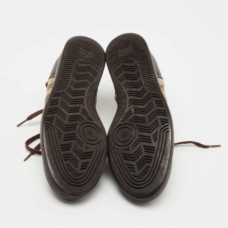 Pre Owned Gucci Brown/Beige GG Canvas and Leather Low Top Sneakers Size 37.5