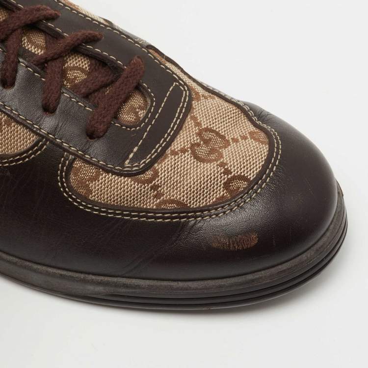 Pre Owned Gucci Brown/Beige GG Canvas and Leather Low Top Sneakers Size 37.5