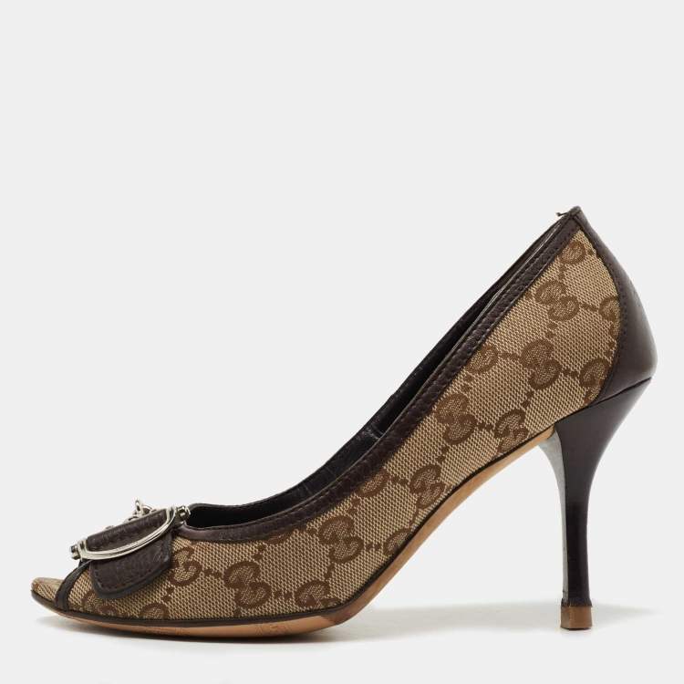Pre Owned Gucci Brown/Beige GG Canvas and Leather Icon Bit Peep Toe Pumps Size 35.5