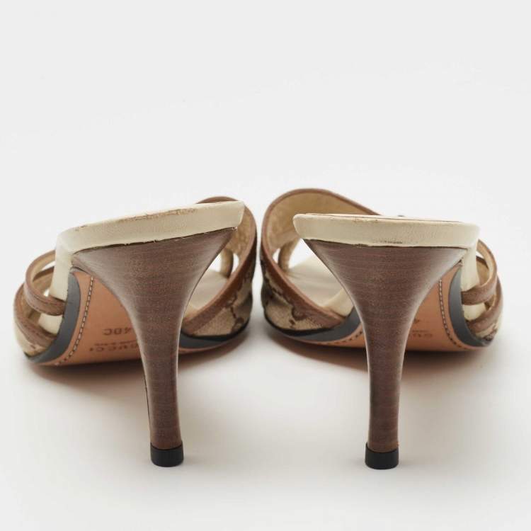 Pre Owned Gucci Brown Leather and GG Canvas Slides Size 40