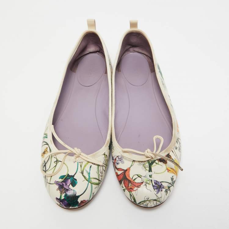 Pre Owned Gucci Multicolor Leather Flora Print Bow Ballet Flats Size 40