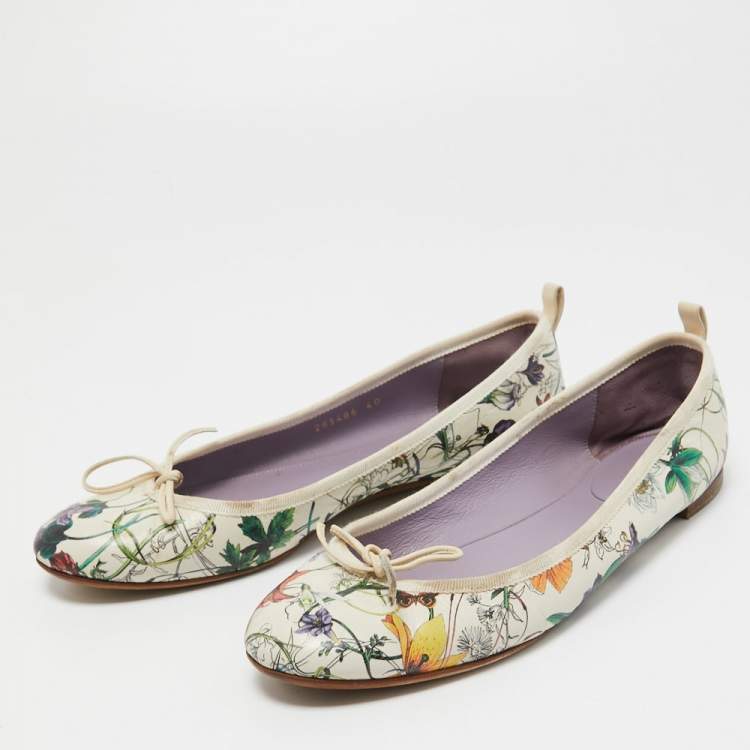 Pre Owned Gucci Multicolor Leather Flora Print Bow Ballet Flats Size 40