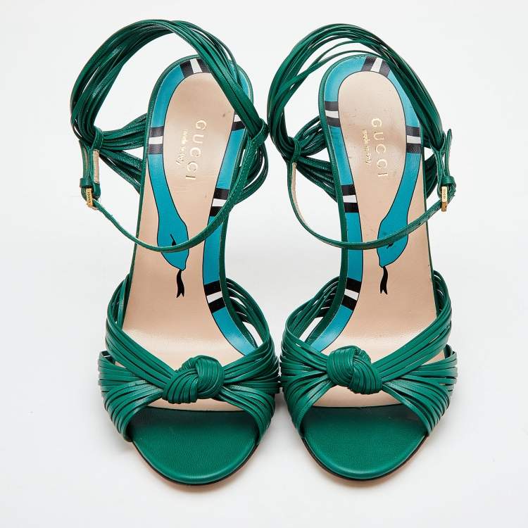 Pre Owned Gucci Green Leather Allie Knot Ankle Strap Sandals Size 36.5