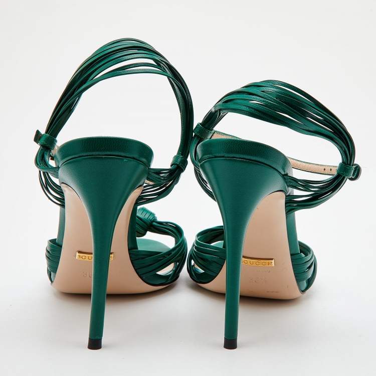 Pre Owned Gucci Green Leather Allie Knot Ankle Strap Sandals Size 36.5