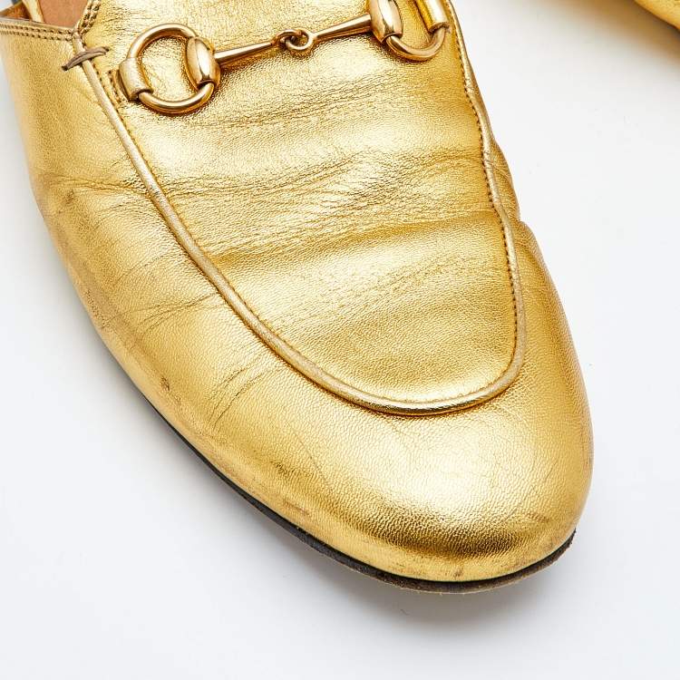 Pre Owned Gucci Metallic Gold Leather Princetown Horsebit Flat Mules Size 38