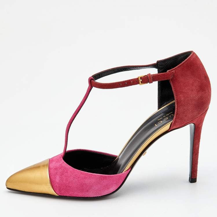 Pre Owned Gucci Pink/Gold Suede and Leather Pointed Toe T-Strap Pumps Size 36