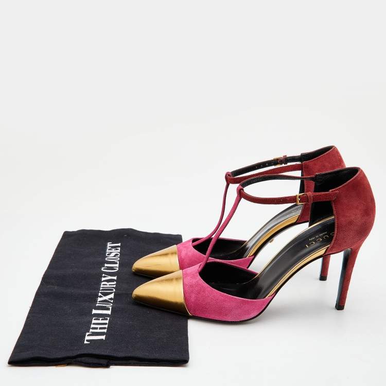 Pre Owned Gucci Pink/Gold Suede and Leather Pointed Toe T-Strap Pumps Size 36