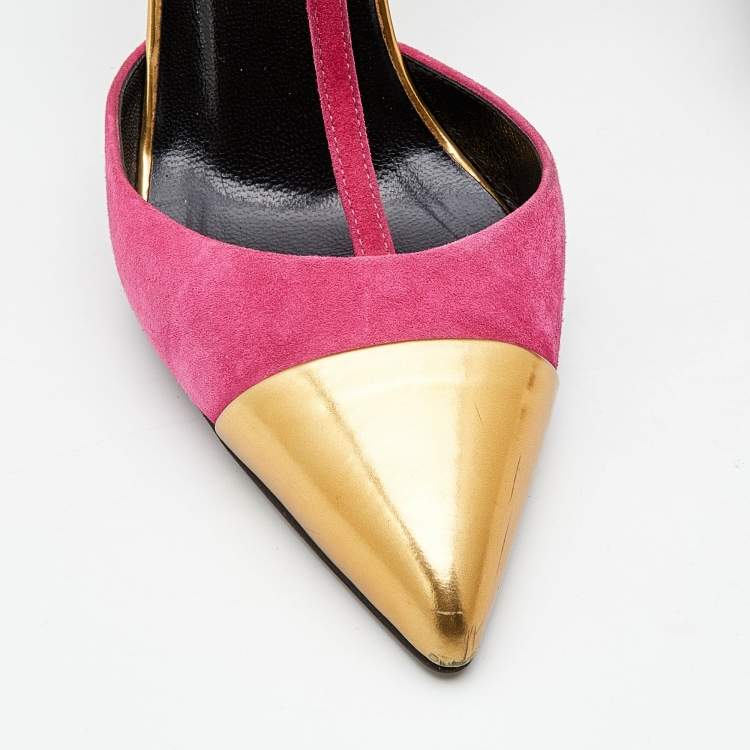 Pre Owned Gucci Pink/Gold Suede and Leather Pointed Toe T-Strap Pumps Size 36
