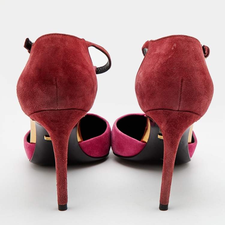 Pre Owned Gucci Pink/Gold Suede and Leather Pointed Toe T-Strap Pumps Size 36