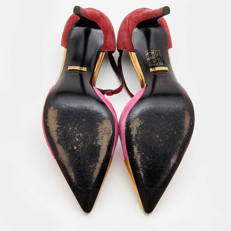 Pre Owned Gucci Pink/Gold Suede and Leather Pointed Toe T-Strap Pumps Size 36
