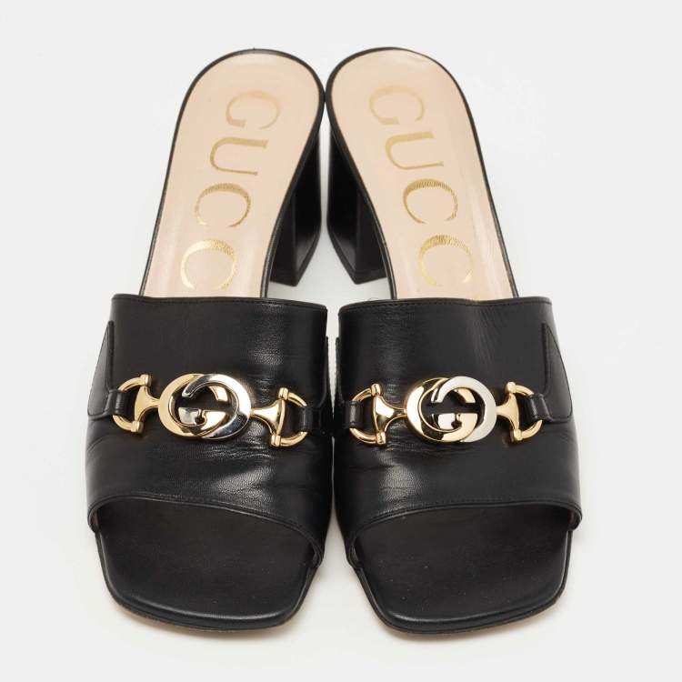 Pre Owned Gucci Black Leather Zumi Slide Sandals Size 38