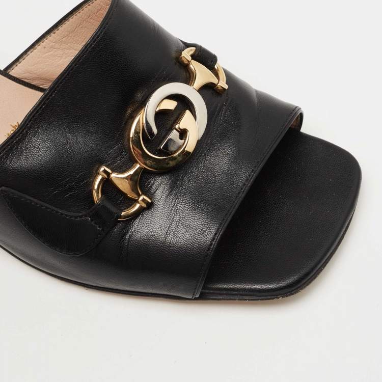 Pre Owned Gucci Black Leather Zumi Slide Sandals Size 38