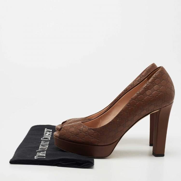 Pre Owned Gucci Brown Microguccissima Leather Peep Toe Platform Pumps Size 37.5