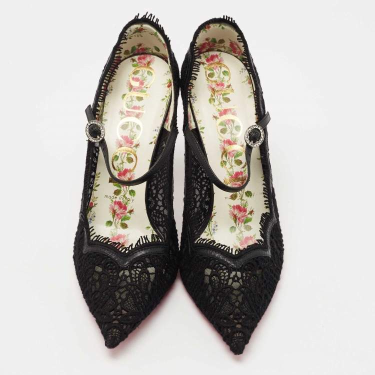Pre Owned Gucci Black Lace Virginia Mary Jane Pumps Size 38.5