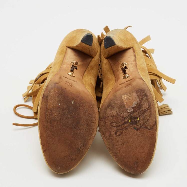 Pre Owned Gucci Mustard Suede Fringe Ankle Length Boots Size 36.5 