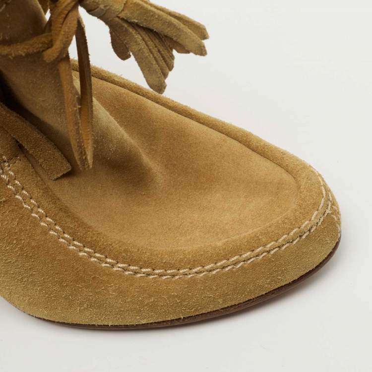 Pre Owned Gucci Mustard Suede Fringe Ankle Length Boots Size 36.5 