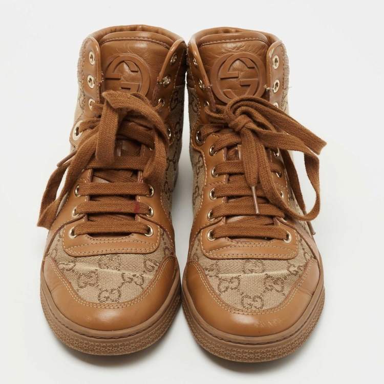 Pre Owned Gucci Brown GG Canvas and Leather Lace Up High Top Sneakers Size 36.5