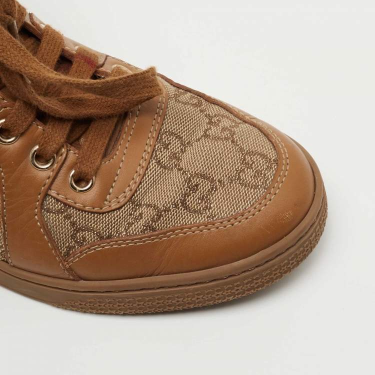 Pre Owned Gucci Brown GG Canvas and Leather Lace Up High Top Sneakers Size 36.5