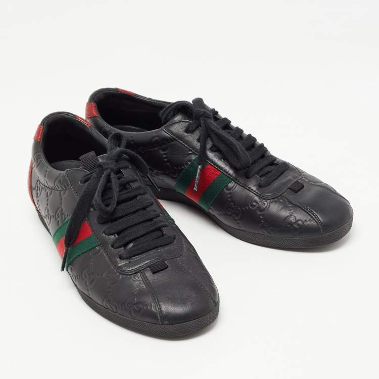 Pre Owned Gucci Black Guccissima Leather Web Ace Sneakers Size 37