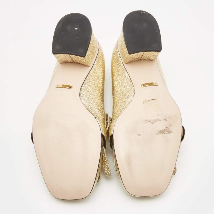 Pre Owned Gucci Gold Laminated Leather Double G Fringe Pumps Size 36.5