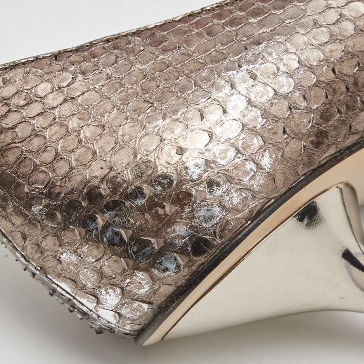 Pre Owned Gucci Metallic Bronze Python Leather Horsebit Peep Toe Pumps Size 37.5