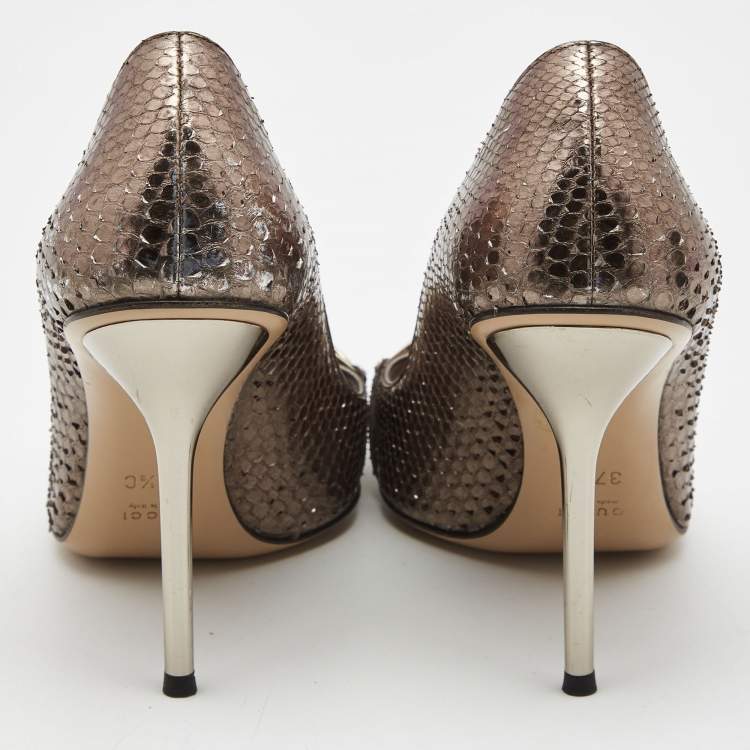 Pre Owned Gucci Metallic Bronze Python Leather Horsebit Peep Toe Pumps Size 37.5