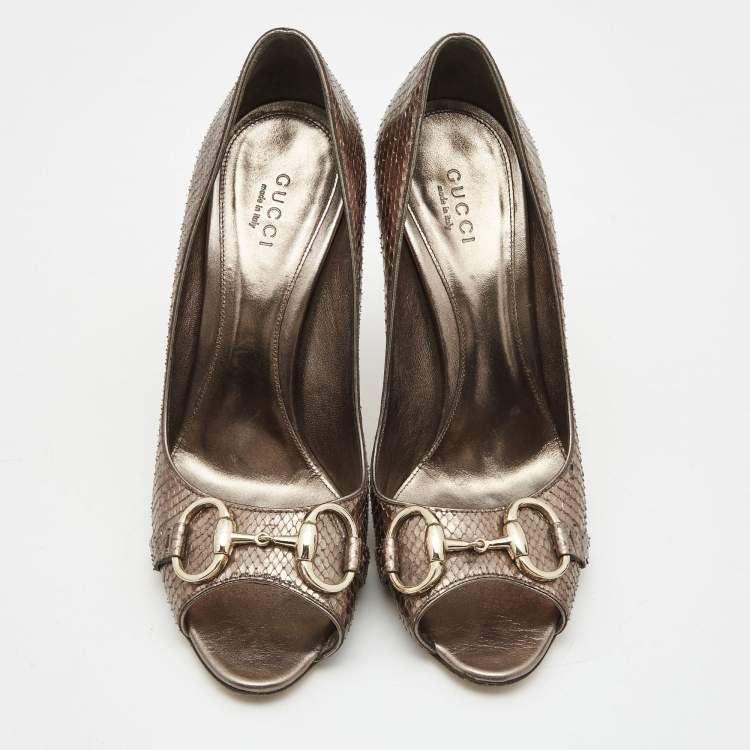 Pre Owned Gucci Metallic Bronze Python Leather Horsebit Peep Toe Pumps Size 37.5