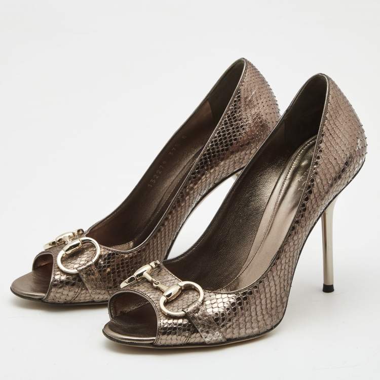 Pre Owned Gucci Metallic Bronze Python Leather Horsebit Peep Toe Pumps Size 37.5