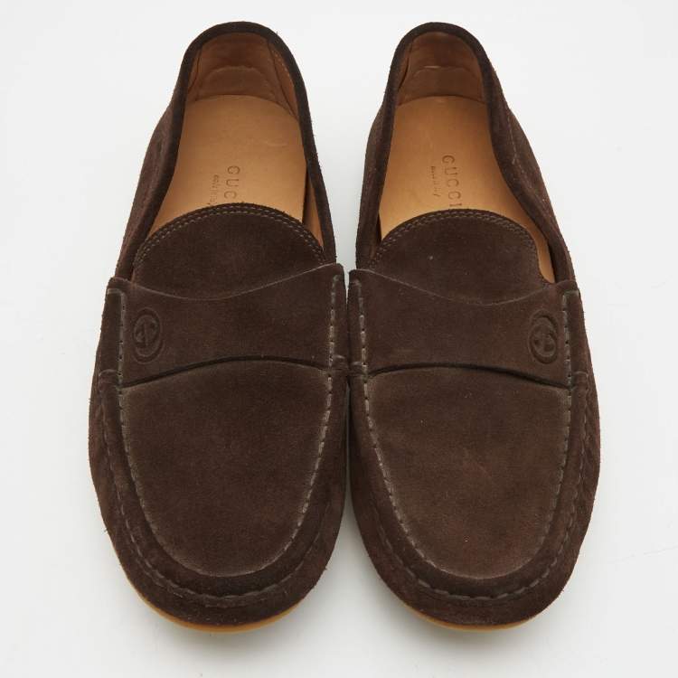 Pre Owned Gucci Brown Suede Interlocking G Logo Loafers Size 37.5