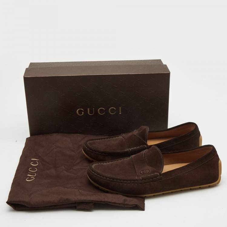 Pre Owned Gucci Brown Suede Interlocking G Logo Loafers Size 37.5