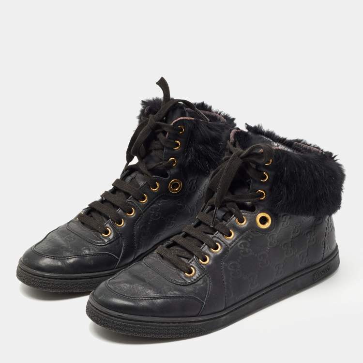 Gucci Black Guccissima Leather and Fur Trim Cada High Top Sneakers Size 40