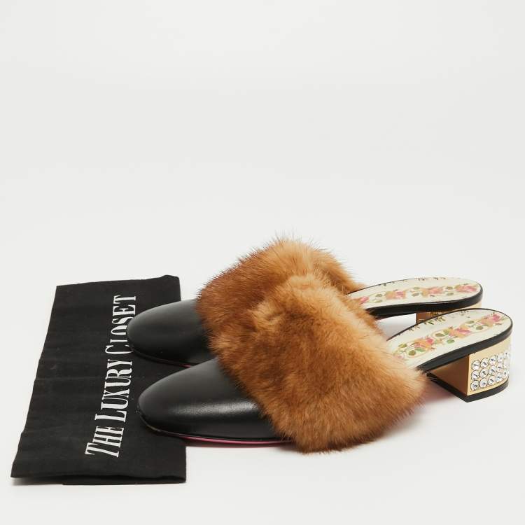 Pre Owned Gucci Black Leather and Mink Fur Candy Embellished Mules Size 36