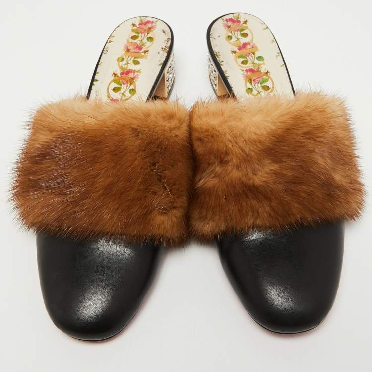 Pre Owned Gucci Black Leather and Mink Fur Candy Embellished Mules Size 36