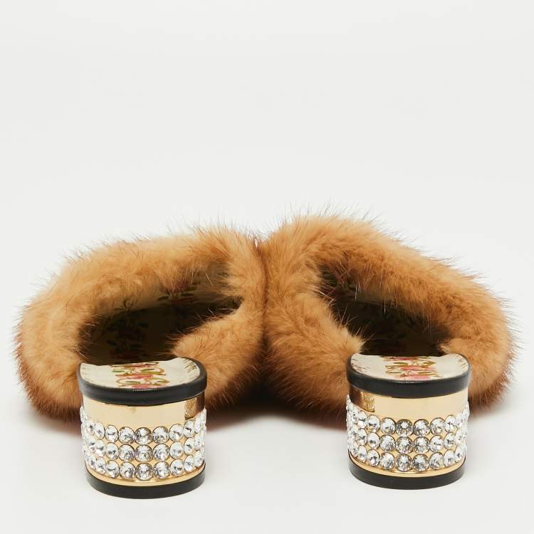 Pre Owned Gucci Black Leather and Mink Fur Candy Embellished Mules Size 36