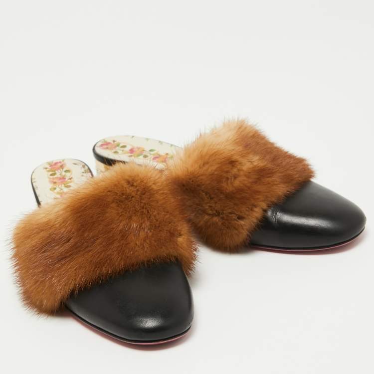 Pre Owned Gucci Black Leather and Mink Fur Candy Embellished Mules Size 36
