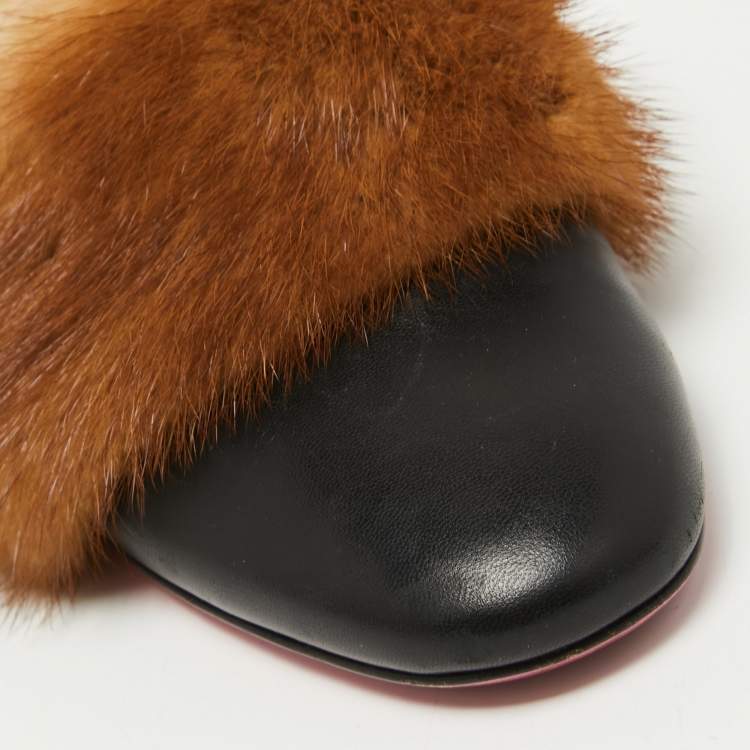 Pre Owned Gucci Black Leather and Mink Fur Candy Embellished Mules Size 36