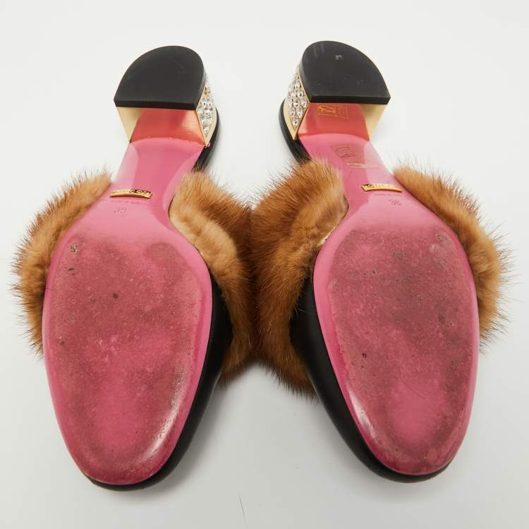 Pre Owned Gucci Black Leather and Mink Fur Candy Embellished Mules Size 36