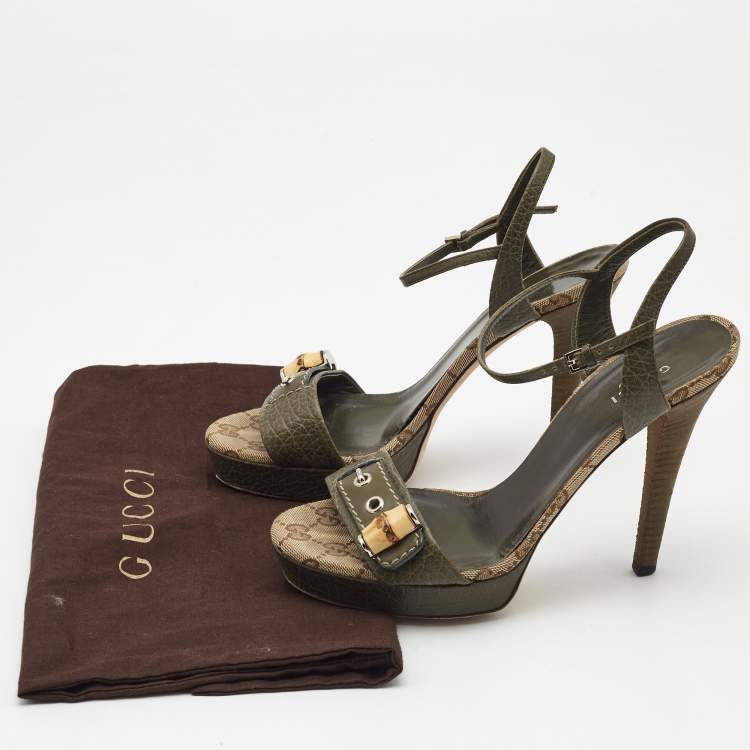 Pre Owned Gucci Olive Green Leather Ankle Strap Platform Sandals Size 38