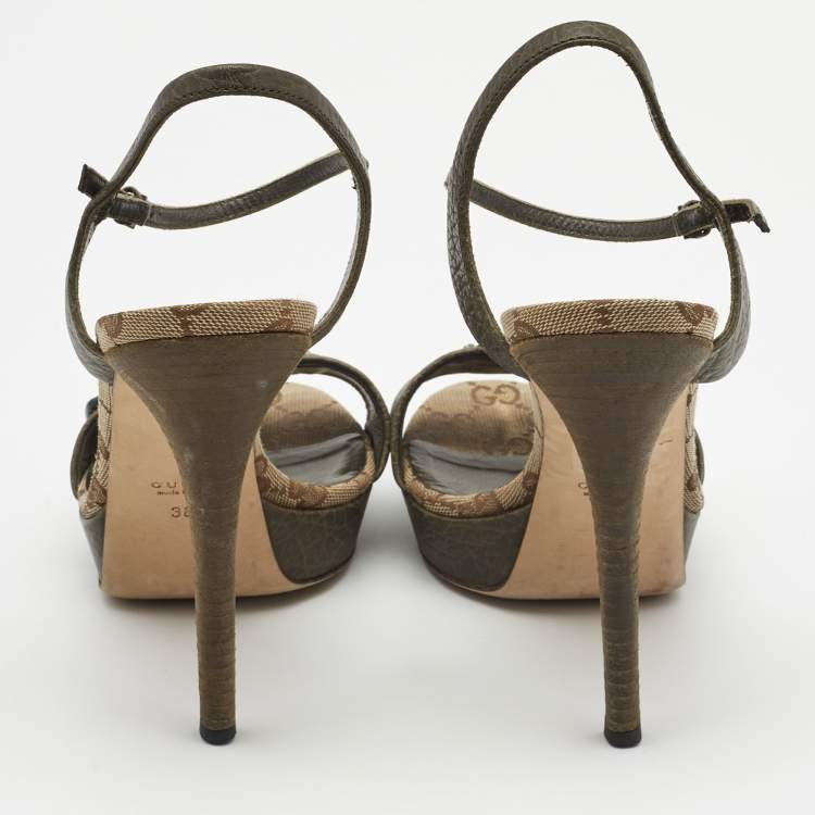 Pre Owned Gucci Olive Green Leather Ankle Strap Platform Sandals Size 38
