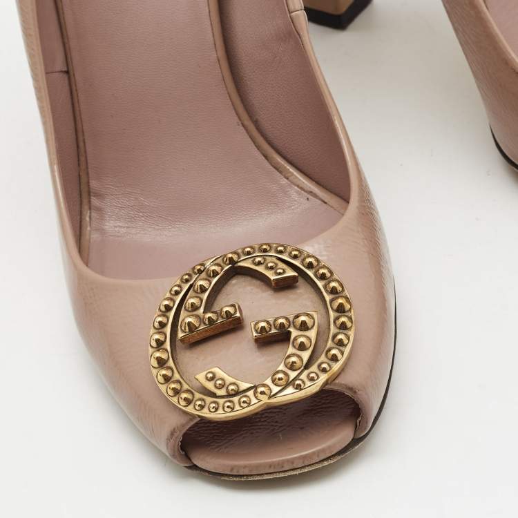 Pre Owned Gucci Dusty Pink Patent Leather Interlocking G Peep Toe Pumps Size 37.5